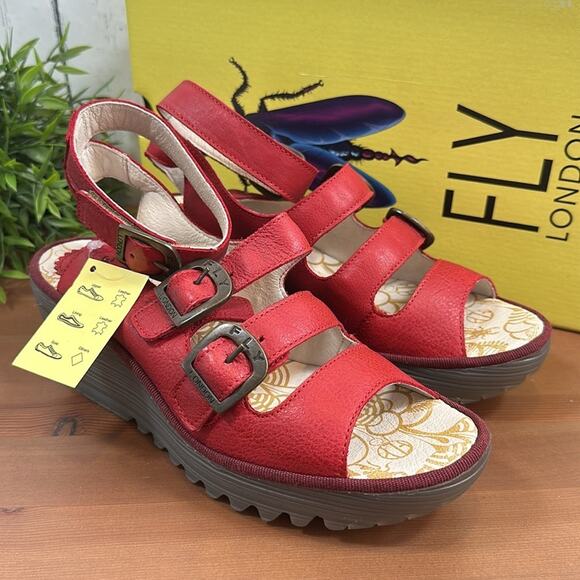FLY London Yorn Leather Buckle Wedges Sandals Size 38 - Picture 3 of 12